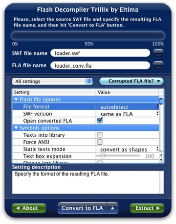 Voici Flash Decompiler Trillix en <strong>mode Avancé</strong> (comme Converter), ce mode dote les utilisateurs de contrôle total sur les paramètres de la conversion. C'est une fonction excellente pour ceux qui veulent expérimenter avec tous les paramètres disponibles (options du fichier Flash, options de Symboles, Motion Tween, ActionScript, etc) afin d'obtenir les résultats recherchés, voir la brève description des options et choisir des presets uniques de correction des paramètres pour vous aider à régler les problèmes avec la conversion de SWF si vous en avez besoin.