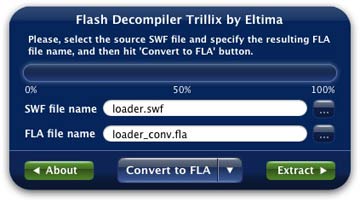 This is the screenshot of Flash Decompiler Trillix for Mac working in <strong>Simple mode</strong> (as Converter), you can select the source SWF file and specify the name of the resulting FLA file only, relying on default conversion parameters. It allows you to focus on batch processing, leaving all conversion settings aside. This mode is also convenient for beginners, who don't want to dig deep into conversion parameters meaning.
