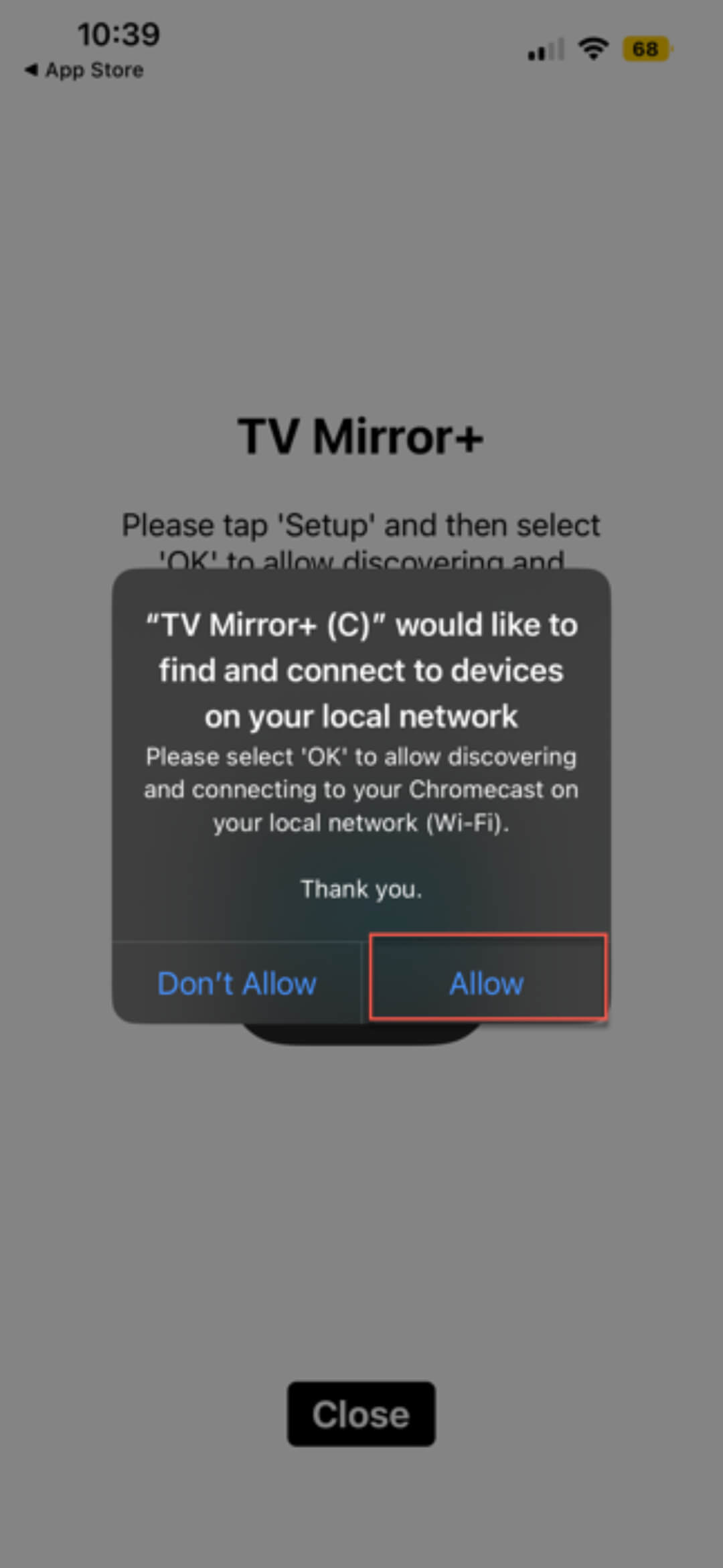 Click Allow to grant TV Mirror+ permission to access devices