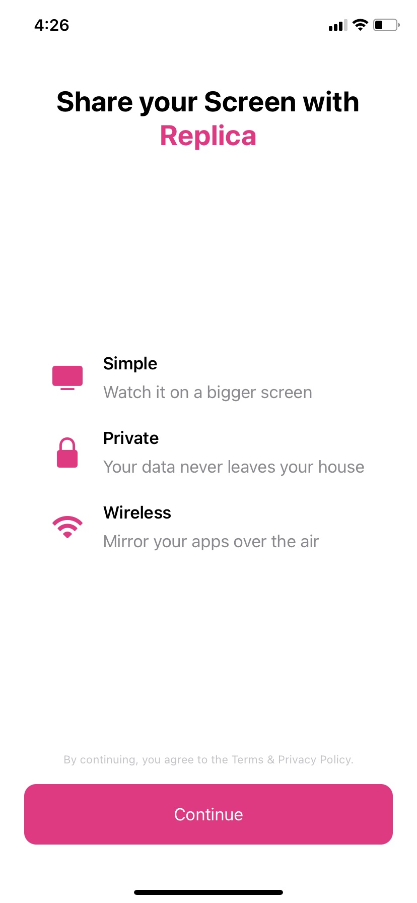 Tap on the Continue button to share your screen with Replica