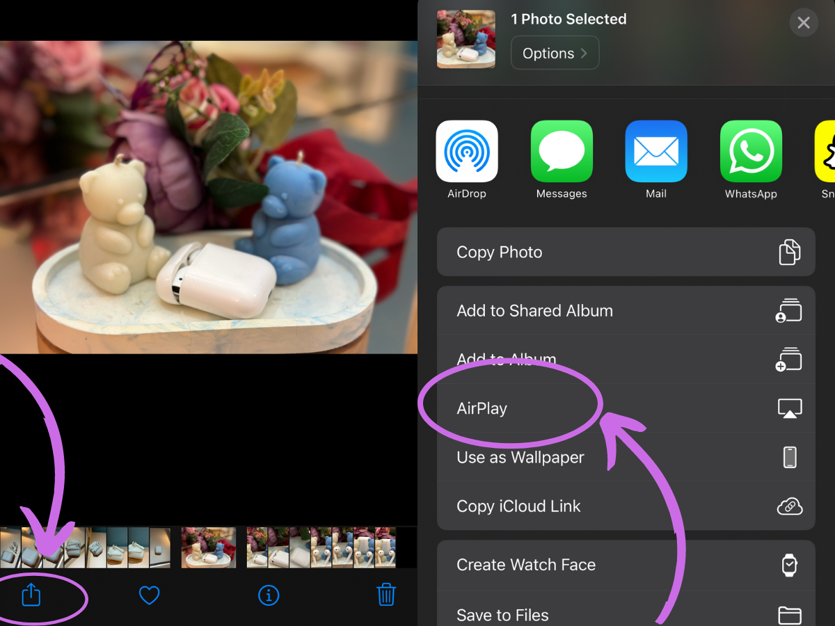 Press the Share icon and then select AirPlay