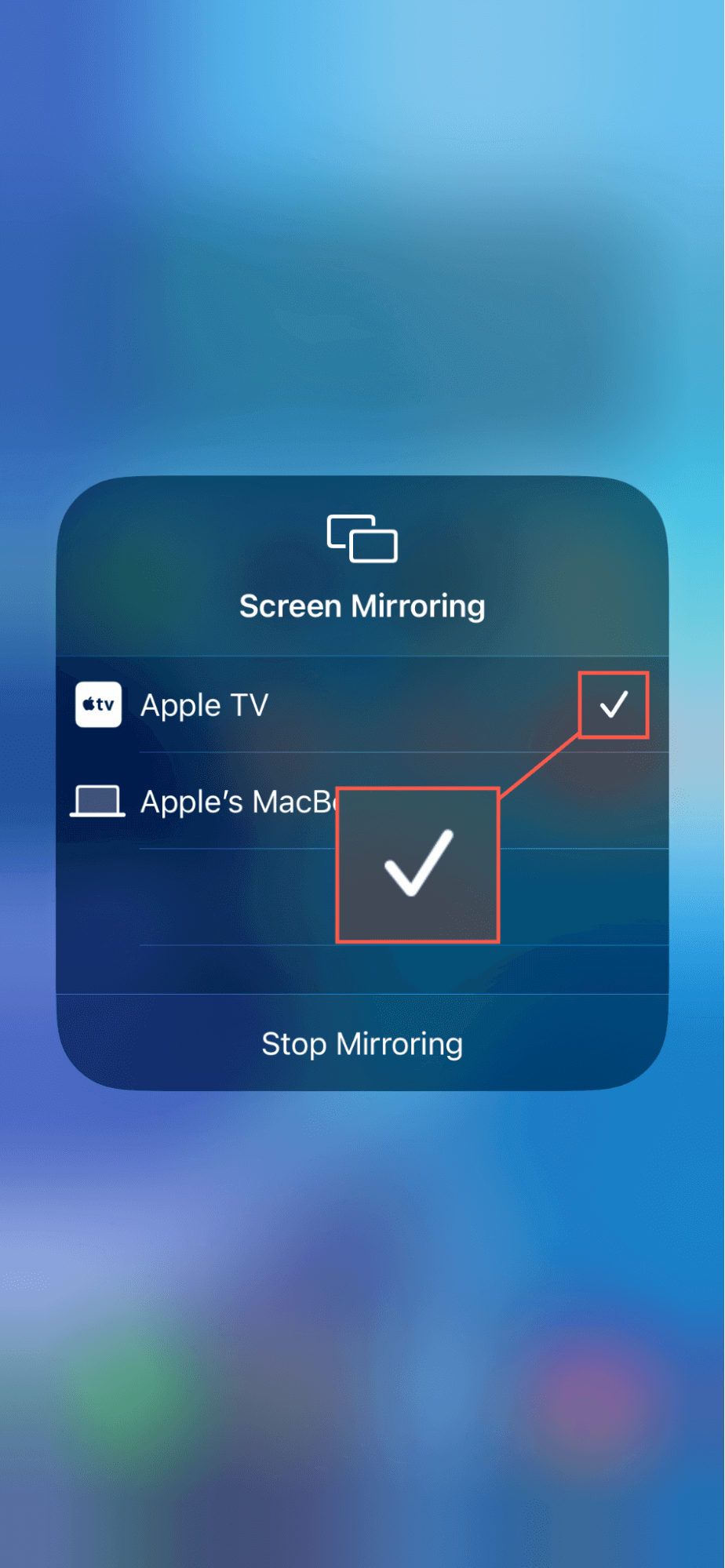 A mirrored screen appears on the AirPlay device