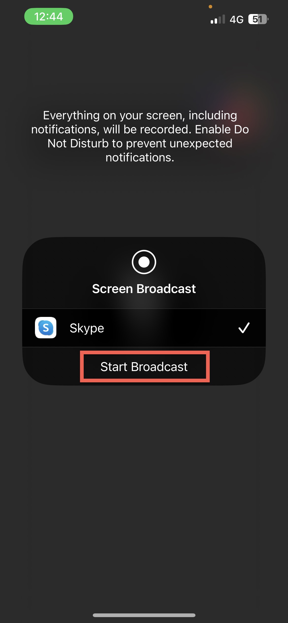 Tap on the Start Broadcast button in Skype
