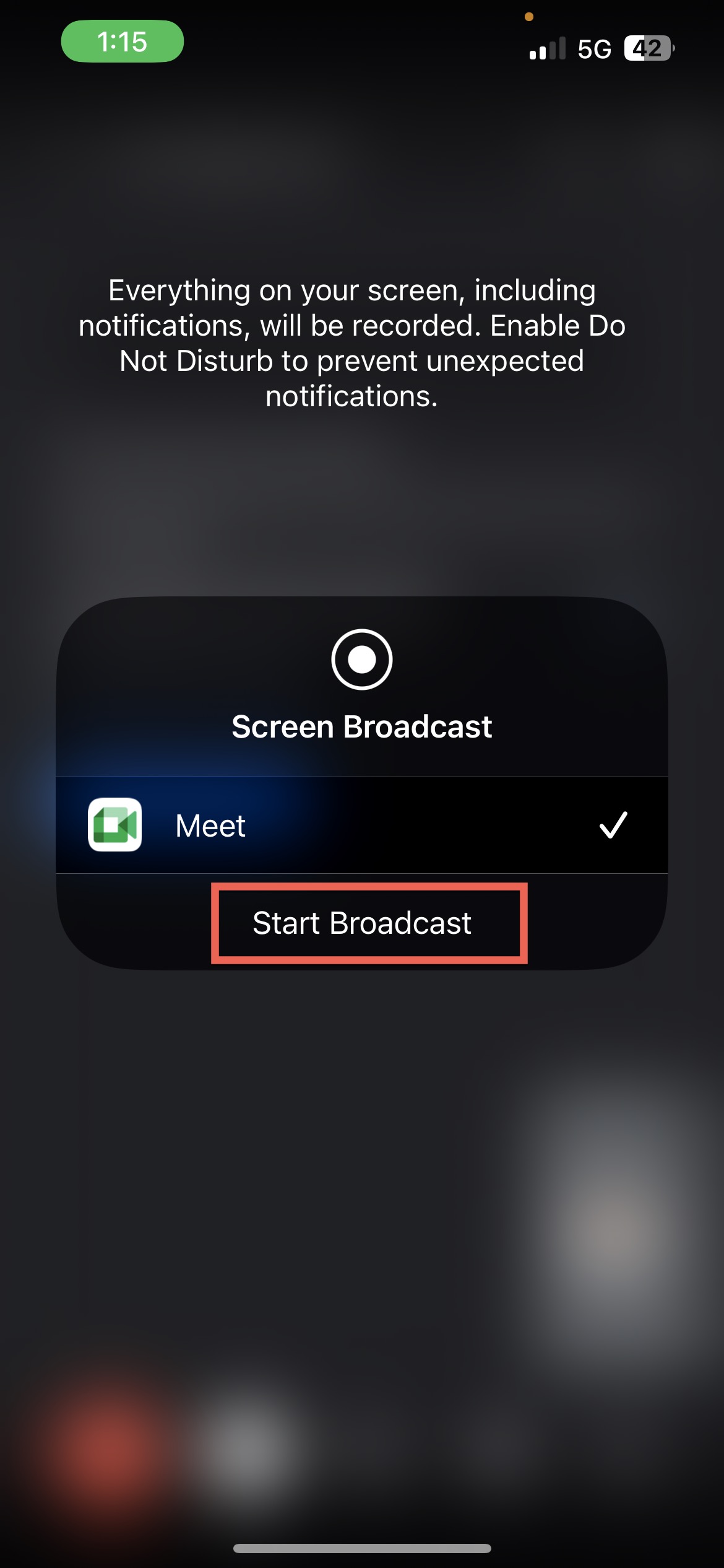 Tap on the Start Broadcast button in Google Meet