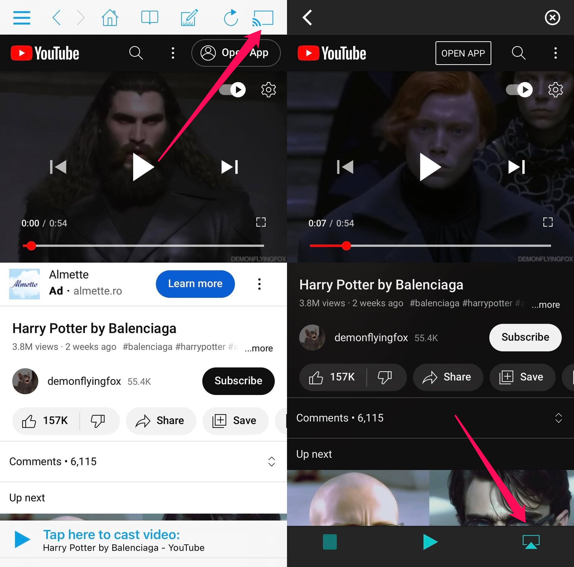 A combined picture with arrows pointing to the Cast button. On the left, you have TV Cast for DLNA Smart TV, and on the right, you have DLNA Player: TV Cast & Stream