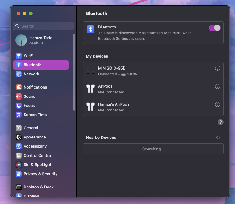 Bluetooth menu on macOS