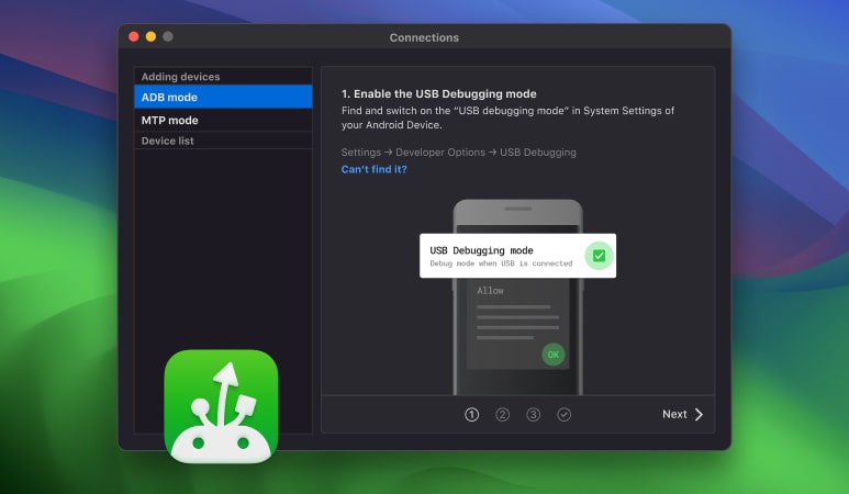 MacDroid can help you to connect your Android and Mac using ADB and MTP modes.