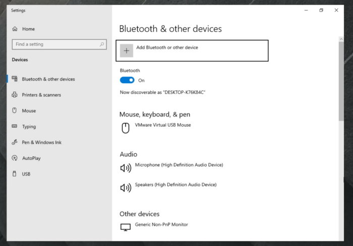 The Bluetooth window interface on Windows.