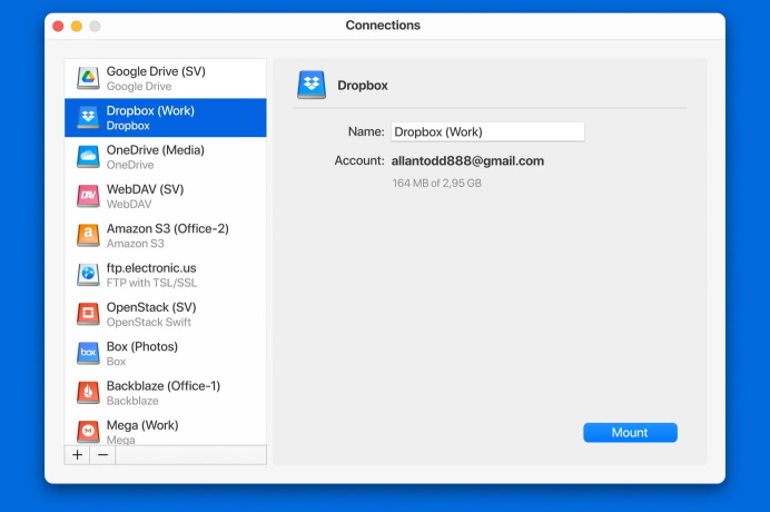 CloudMounter Dropbox connection menu