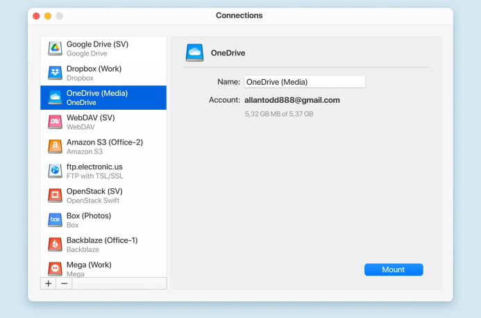 Окно подключения OneDrive