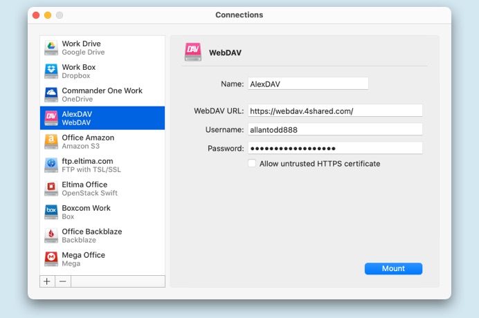 CloudMounter WevDAV connection window