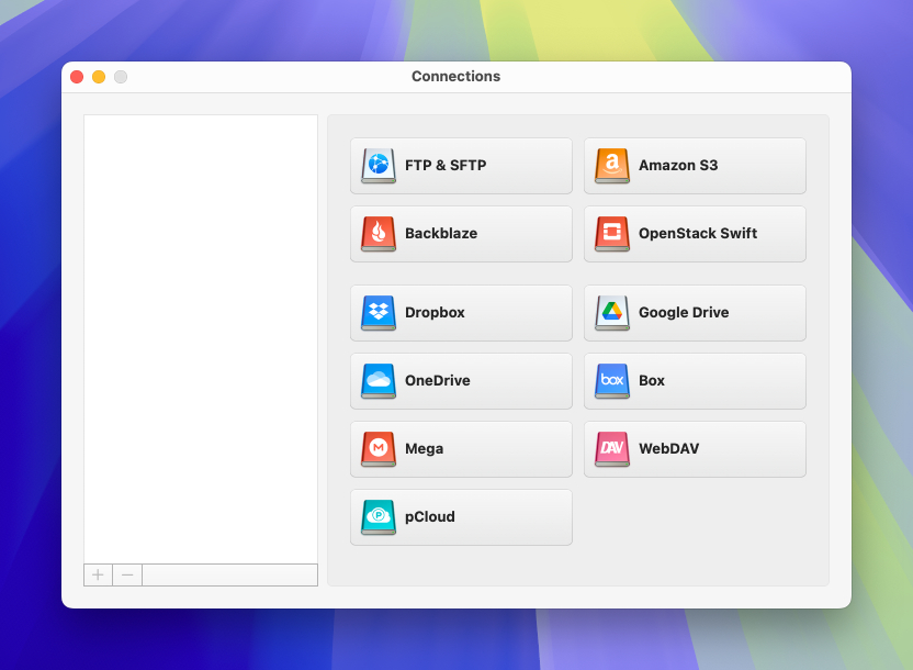  Select the connection type in CloudMounter on macOS