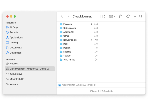  Amazon S3 asignado como unidad en el Finder de macOS