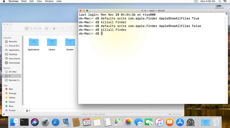 The following commands will show hidden files in Finder Mac OS.