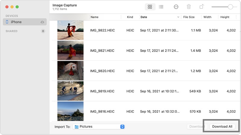 Image Capture to  export photos from iPhone to Mac