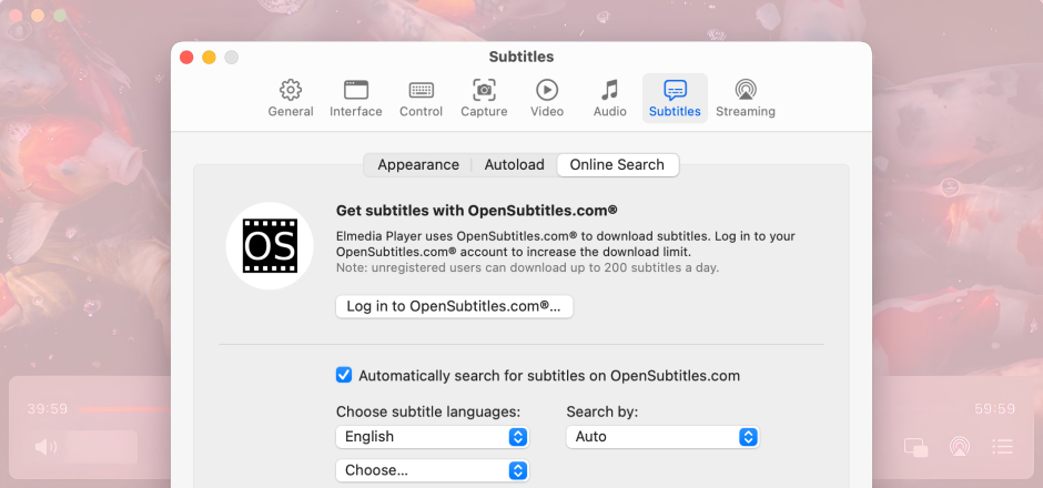Online Search for subtitles settings in the Elmedia Player