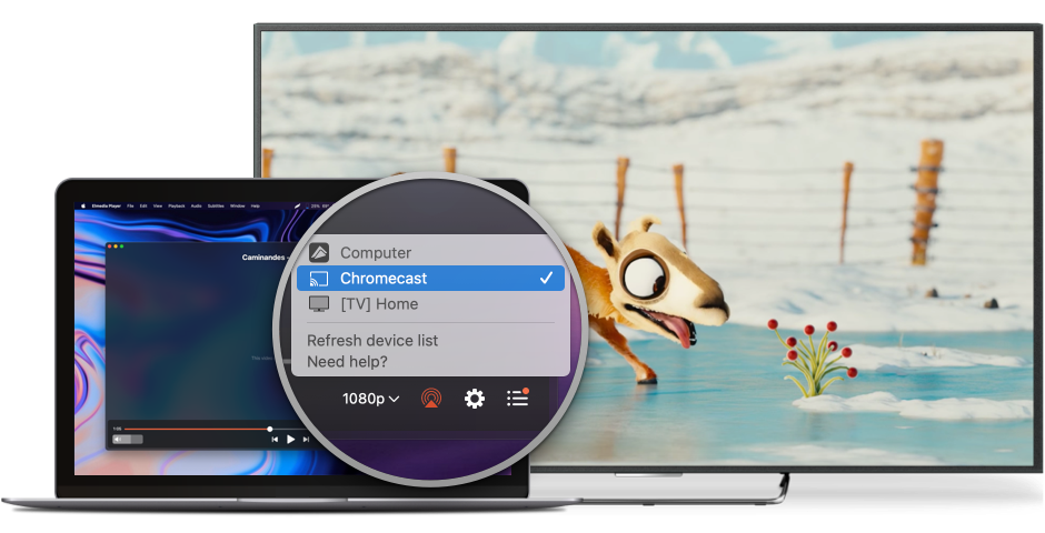 Elmedia Player allows you to stream local files to a different device through the use of AirPlay 2, DLNA or Chromecast.