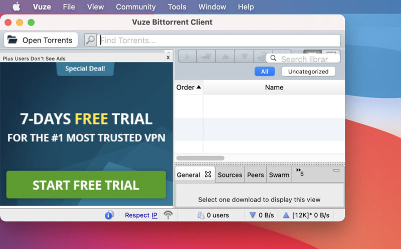 Vuze est un client BitTorrent utilisé pour transférer des fichiers via le protocole BitTorrent.