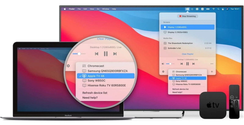 Duplique Mac a Apple TV usando la aplicación JustStream que funciona con Samsung, LG, Sony, Panasonic y otros televisores inteligentes.