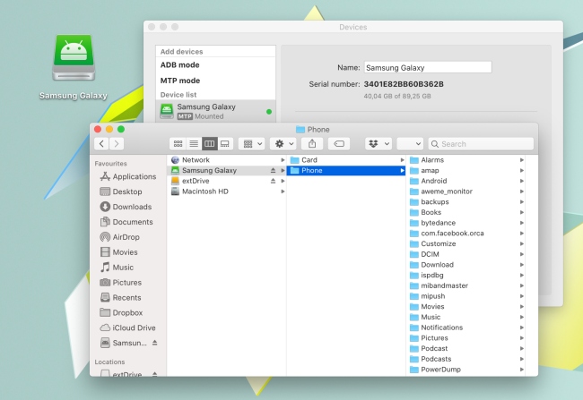 Transferring photos from Android to Mac is easy both in MTP and ADB modes.