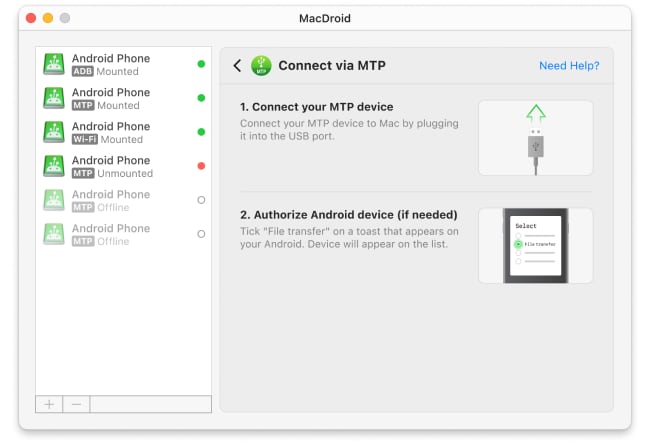  Ouvrez MacDroid et sélectionnez le mode MTP