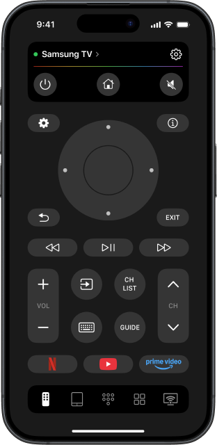 TVRem interface with a connected Samsung TV