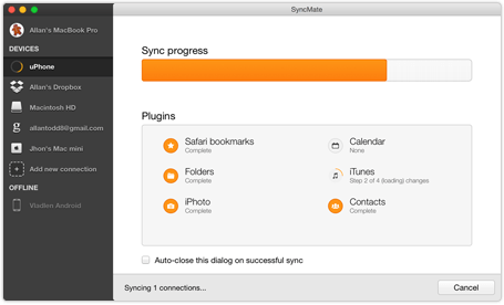 Options de synchronisation de SyncMate