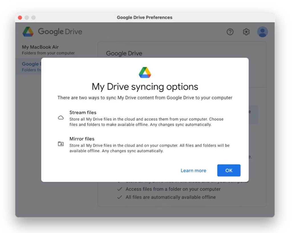 Hay 2 opciones para sincronización de archivos en la versión de escritorio de Google Drive