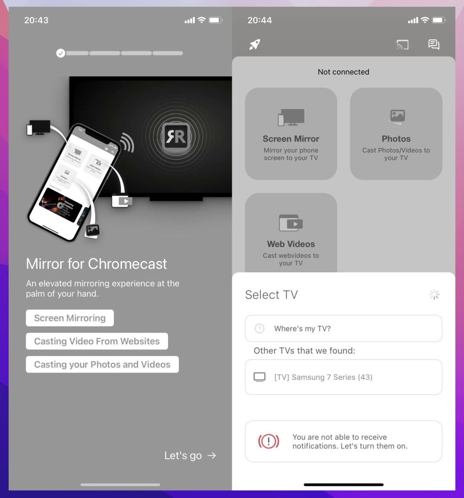 Screen Mirroring on Chromecast app interface