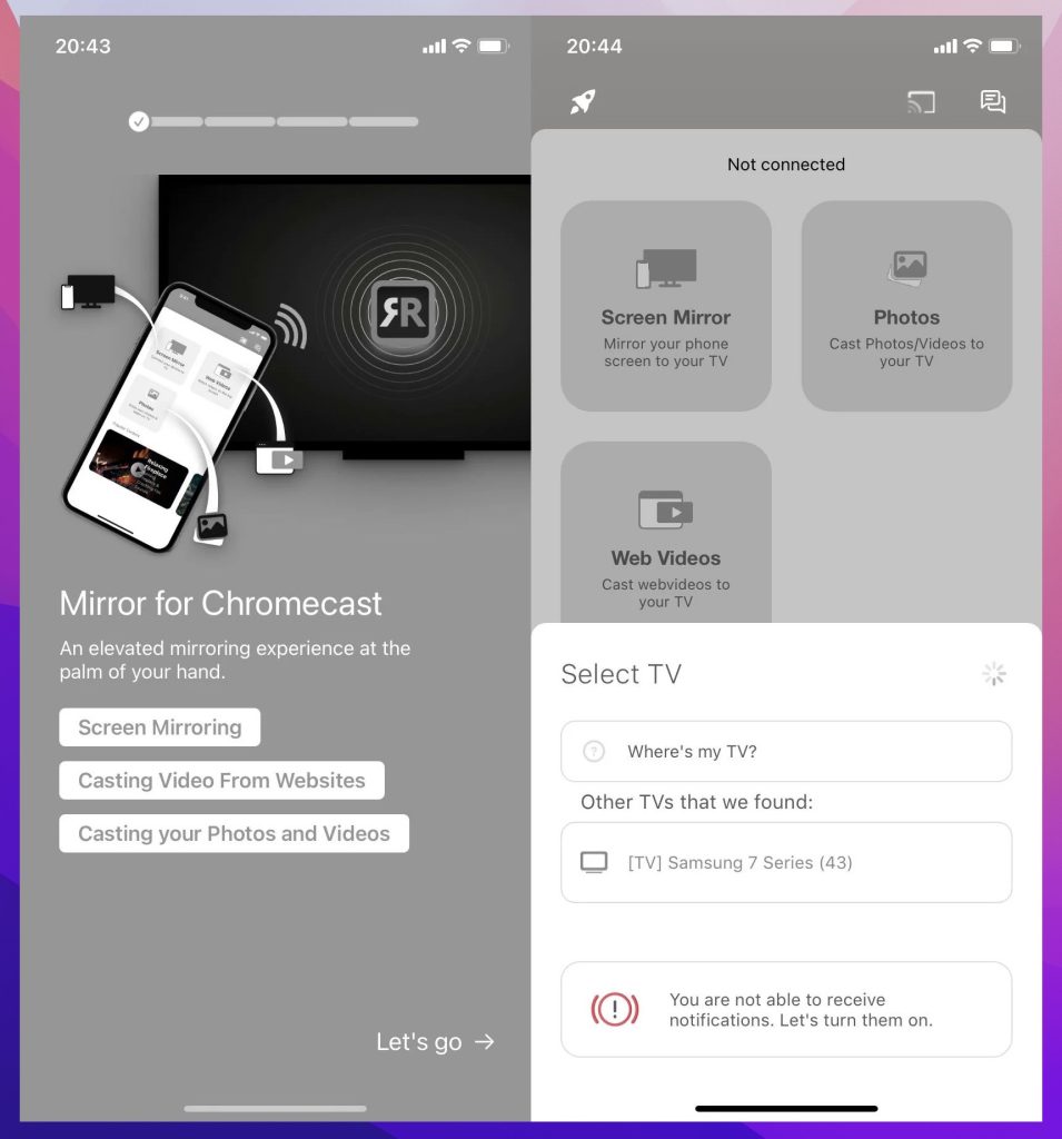 Scherm Spiegelen op Chromecast-app interface