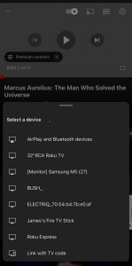 Select your Chromecast device from the list in YouTube on iPhone