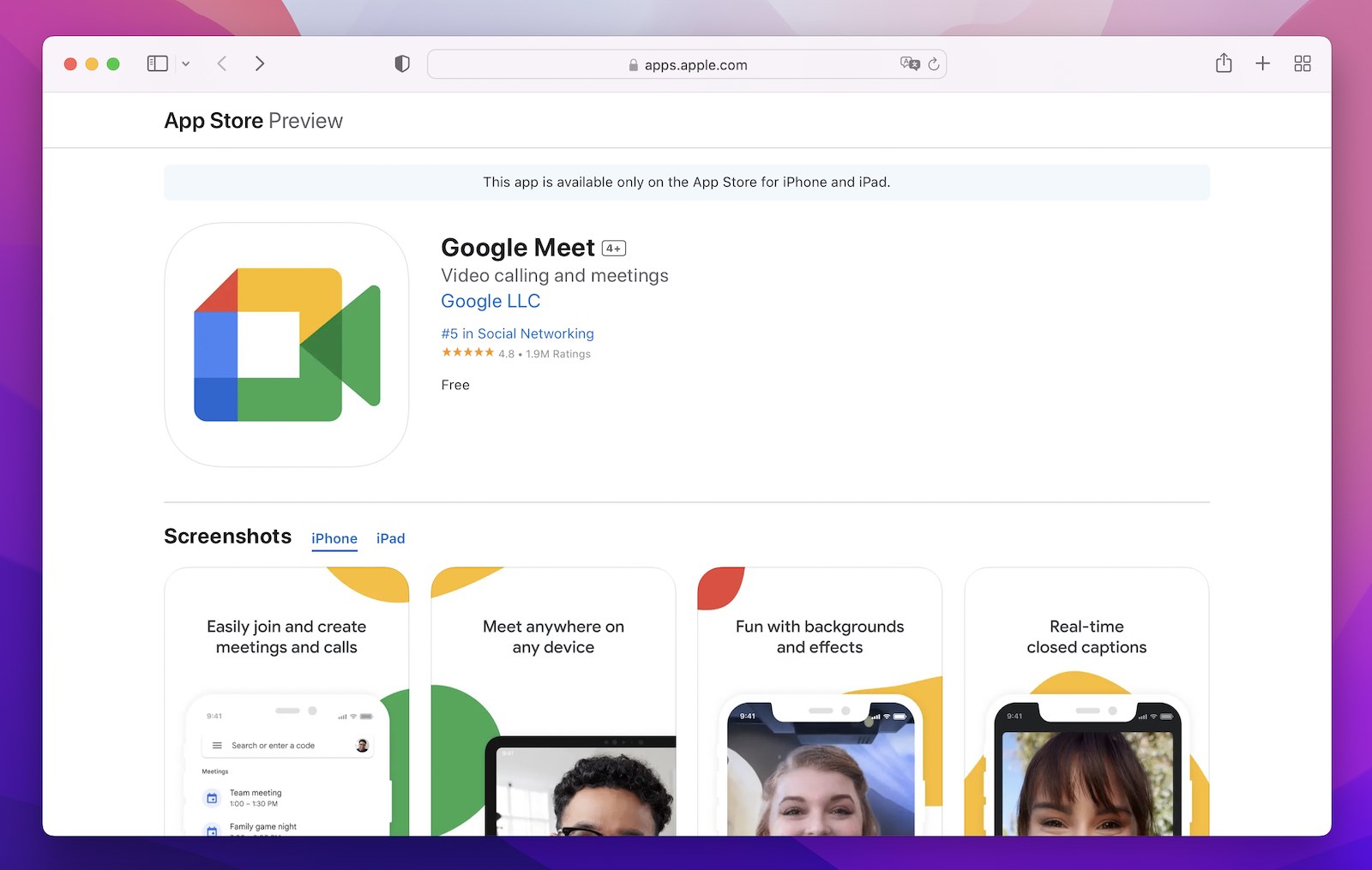 Google Meet app in the App Store