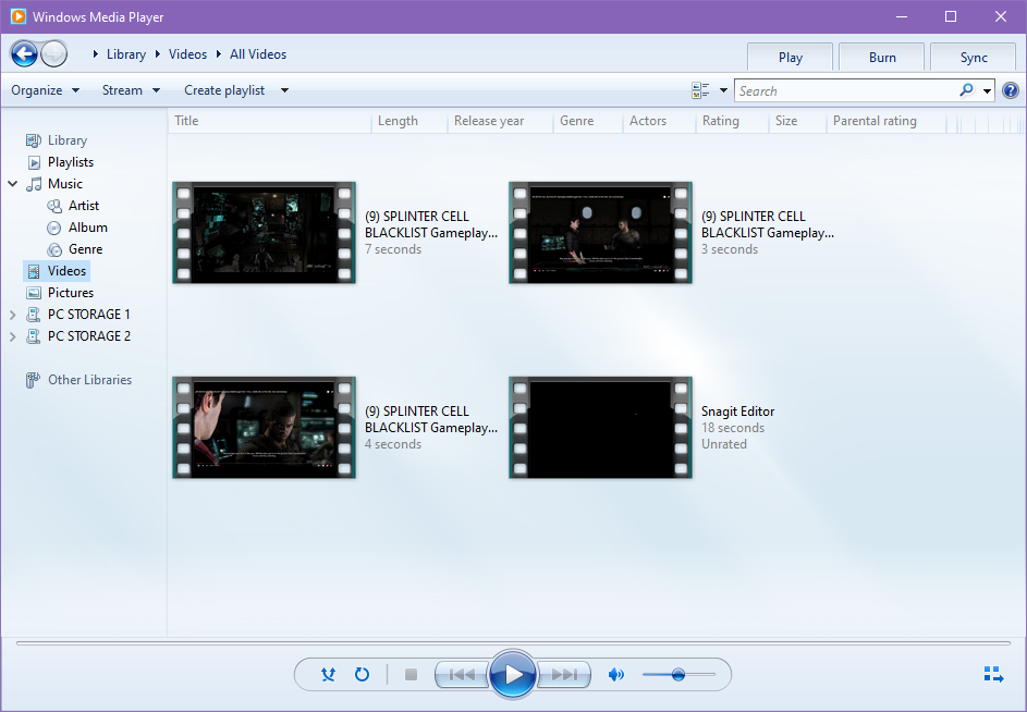 Windows Media Player: videos in the Library