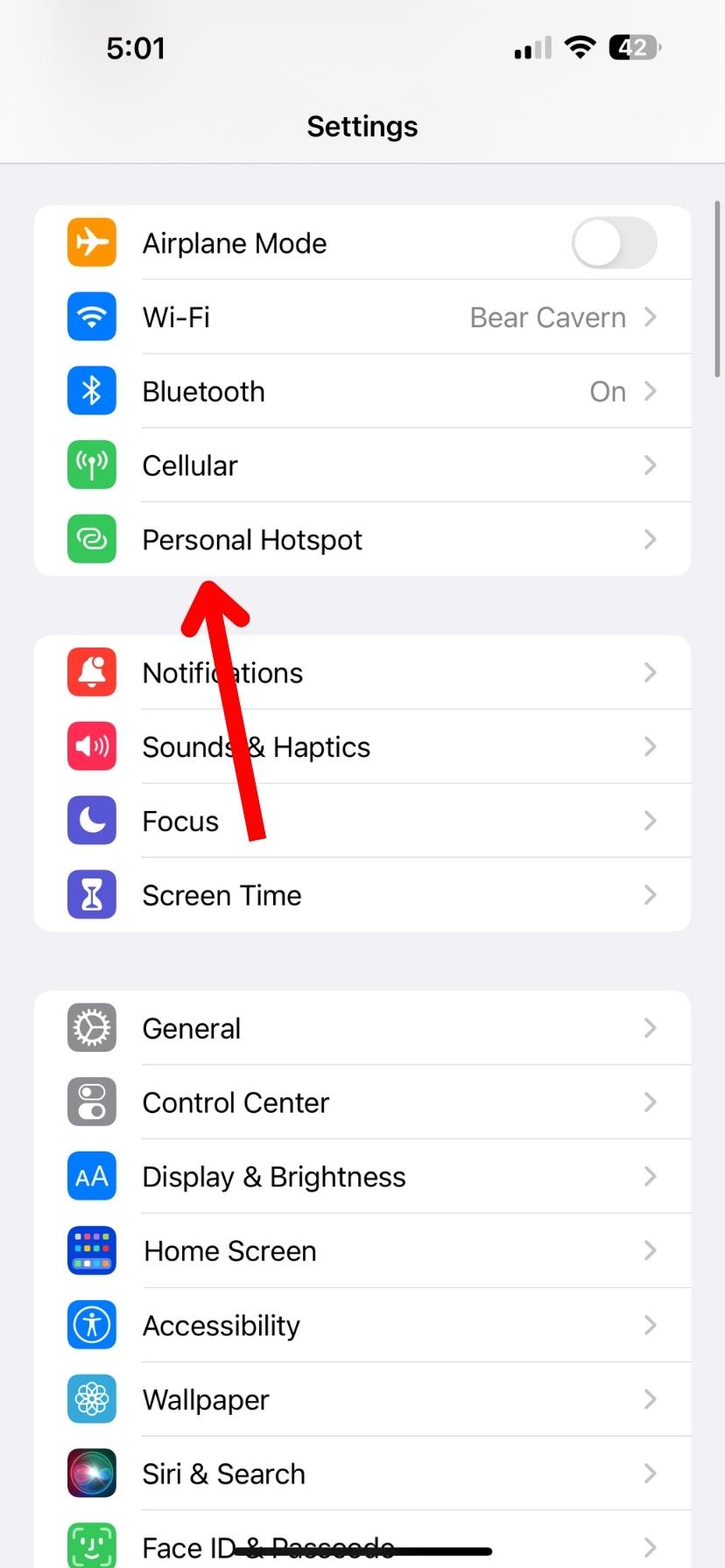 Screenshot of iPhone's settings