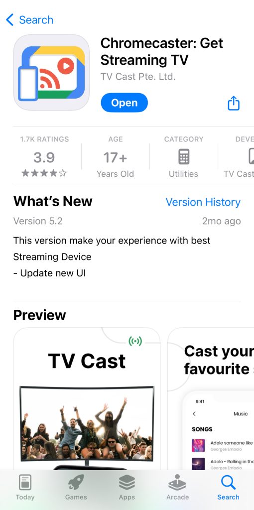 Downloading the Chromecaster: Get Streaming TV app from the App Store