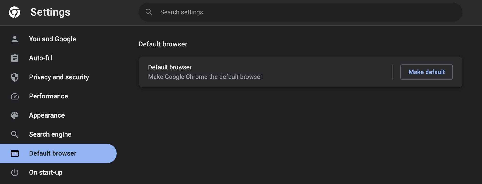 The “Default browser” menu in Chrome