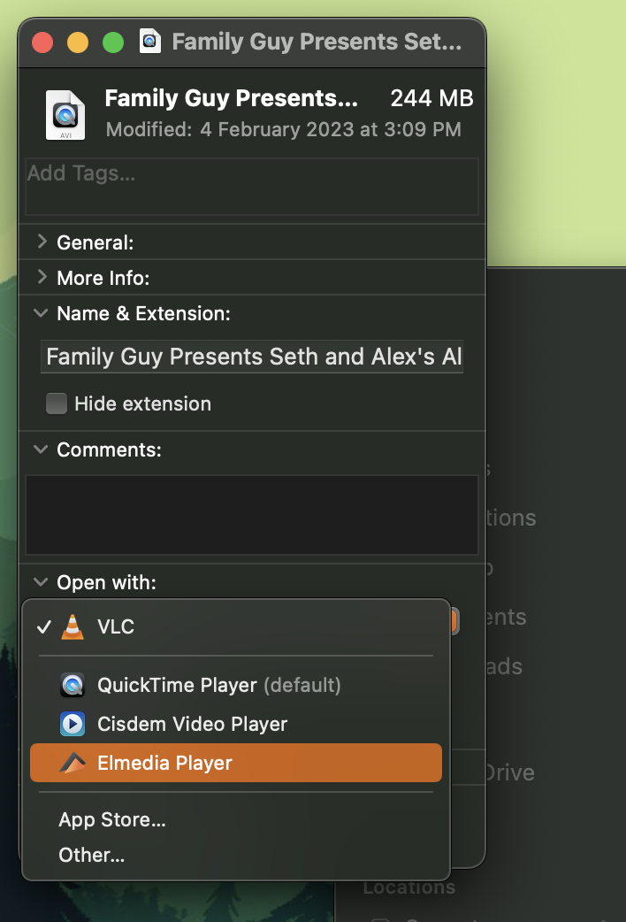 “Get info” menu of a video file