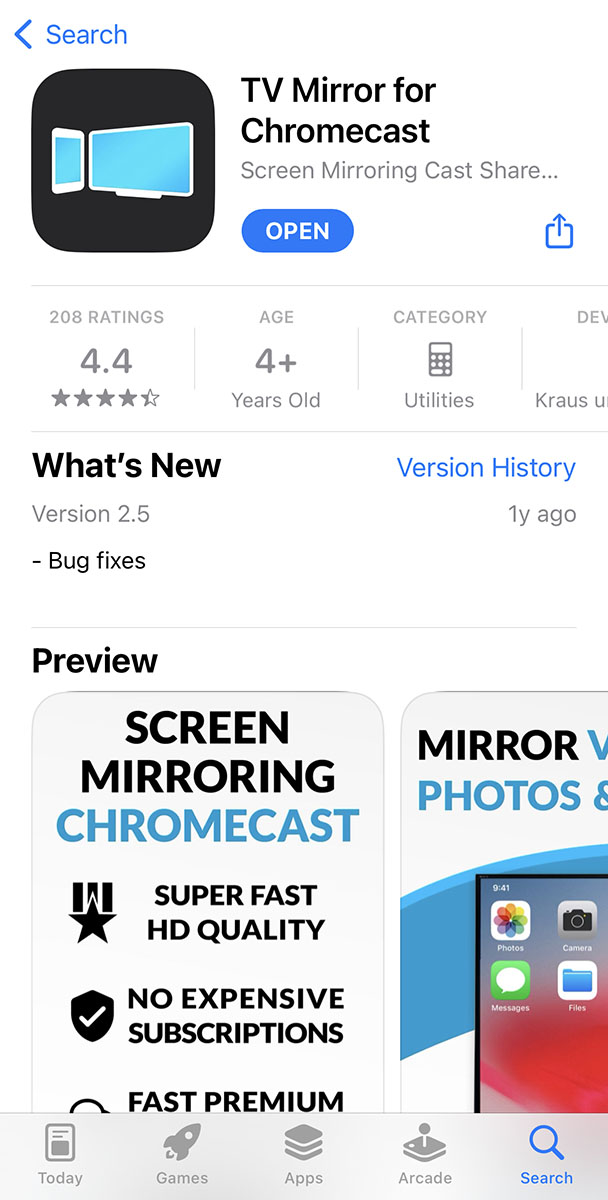 Downloading TV Mirror+ app from the App Store