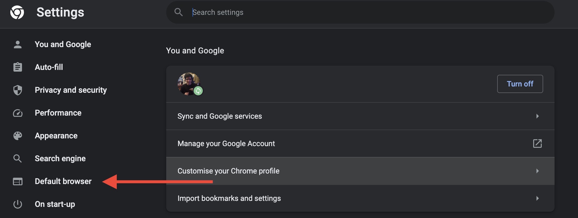 Settings menu in Chrome