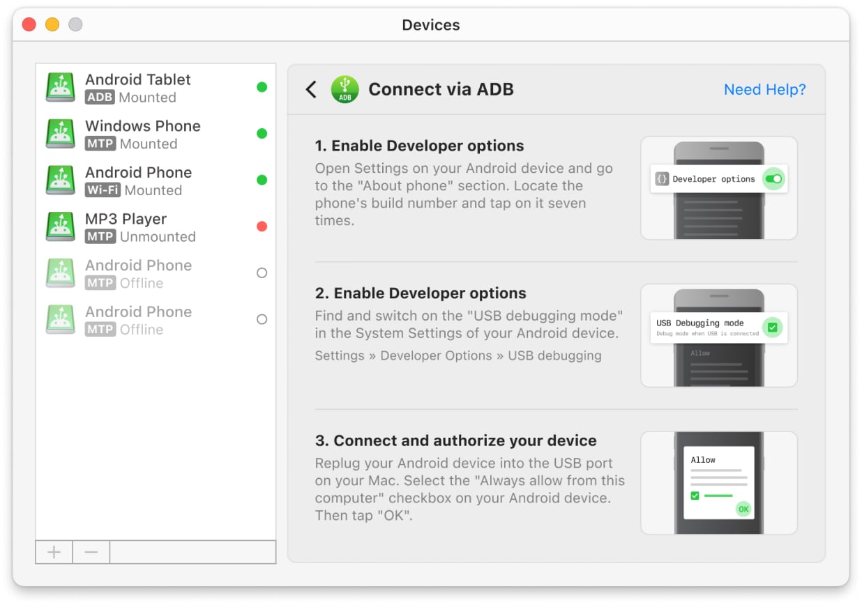 Você também pode encontrar os passos para conectar Android e Mac no modo MTP na janela do aplicativo.