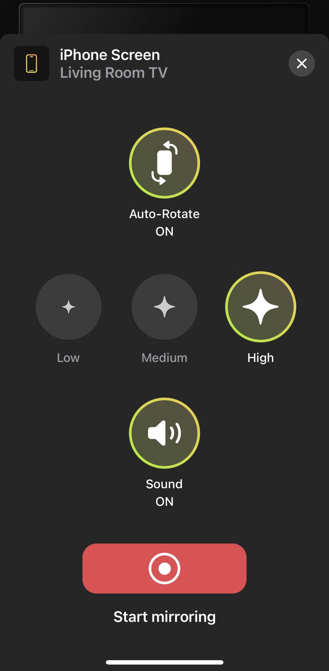 Set the mirroring parameters in the DoCast app and then tap on Start mirroring button
