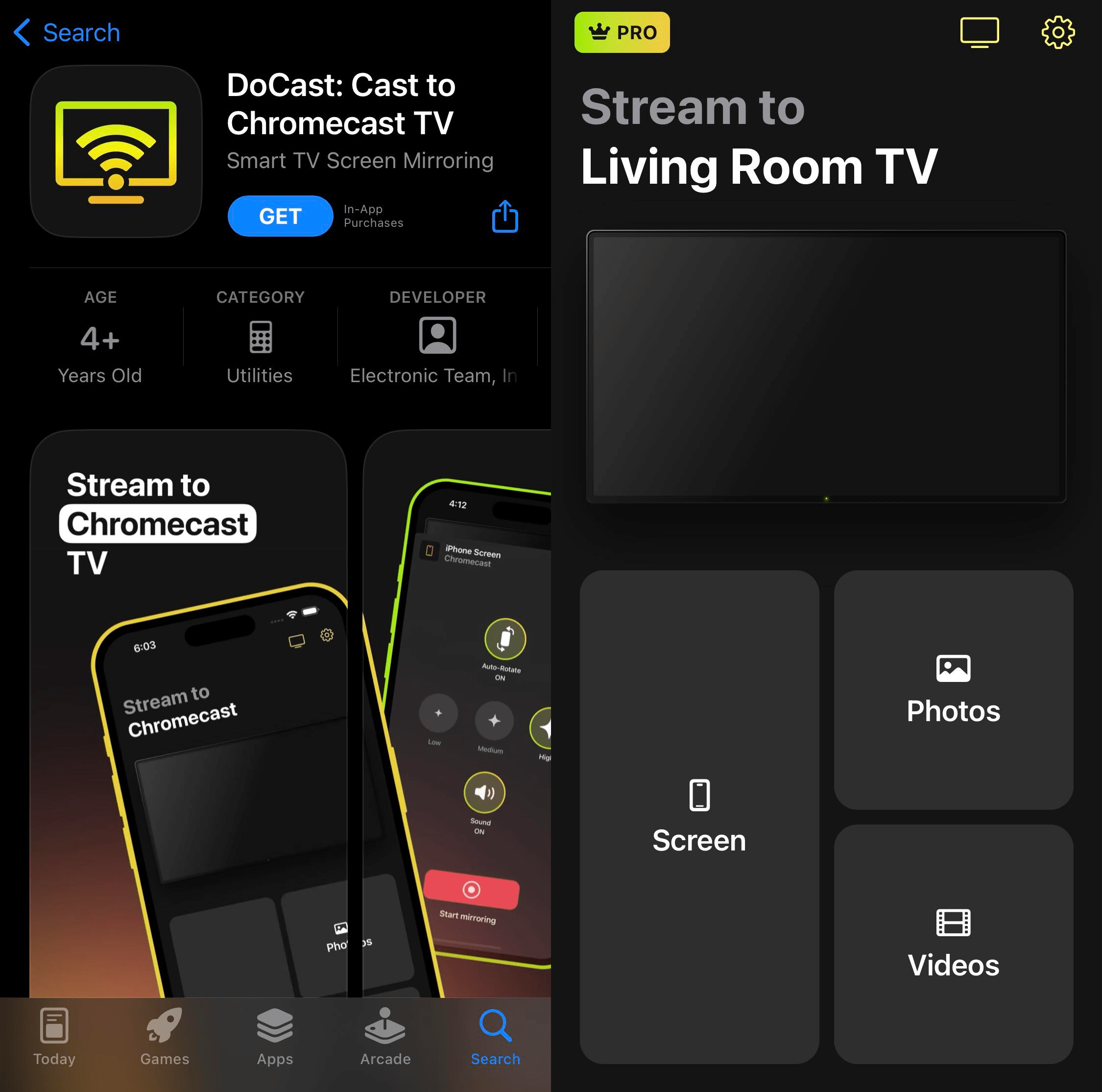 The DoCast app on the App Store and its homepage when launched