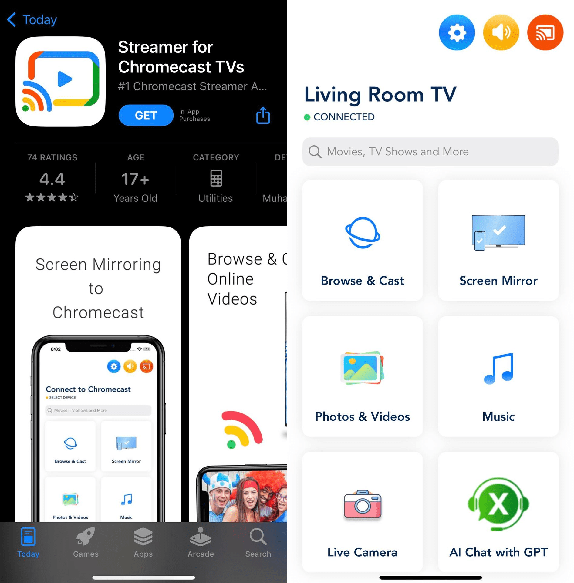 The Streamer for Chromecast TVs app on the App Store and its homepage when launched