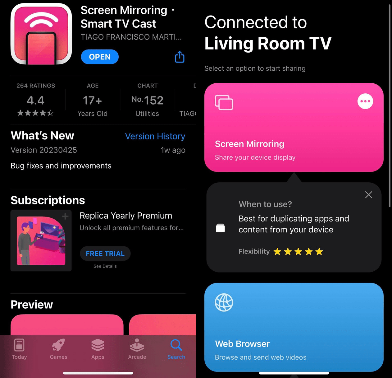 The Replica app on the App Store and its homepage when launched