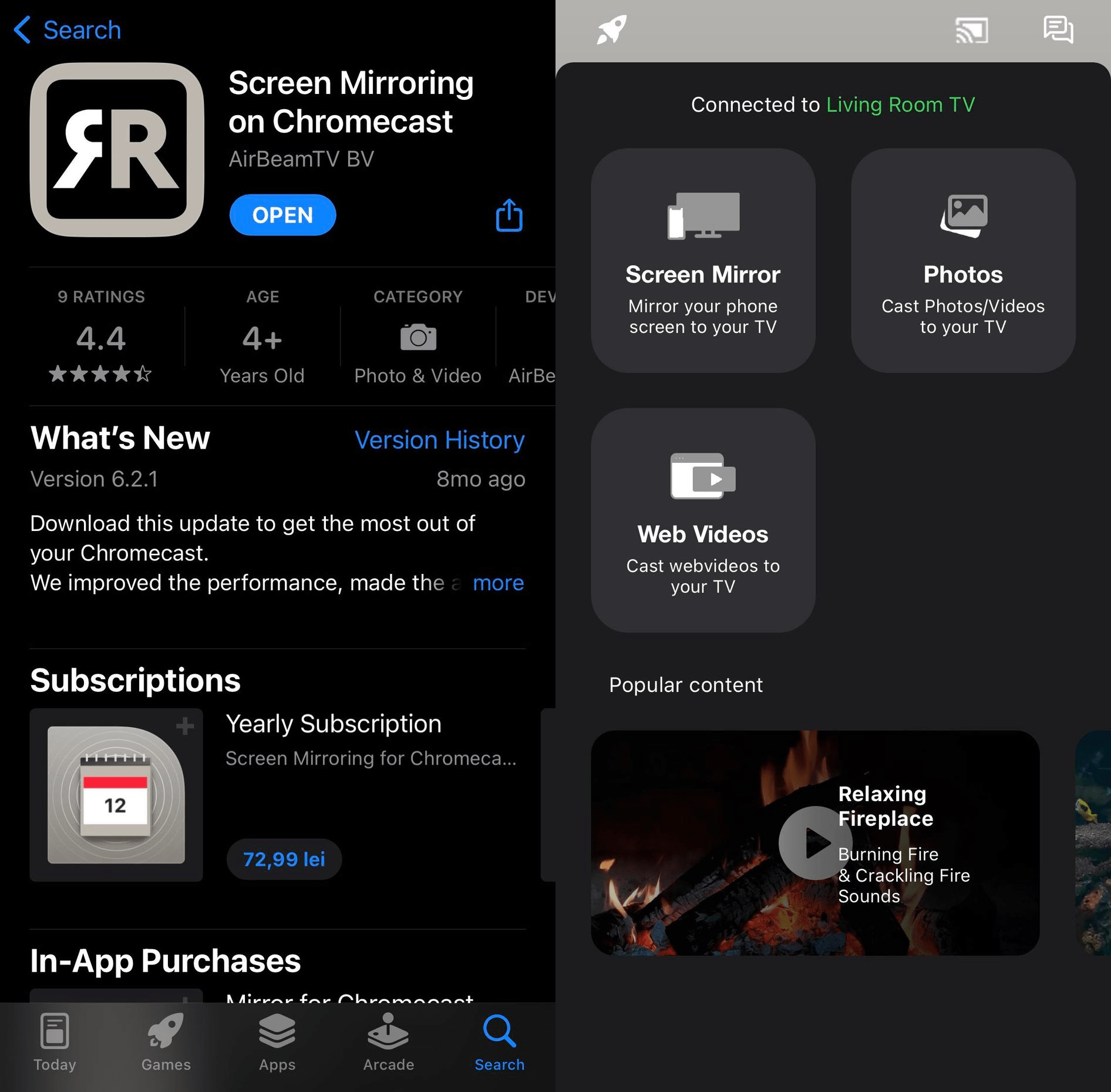 The AirBeamTV Screen Mirroring on Chromecast app on the App Store and its homepage when launched