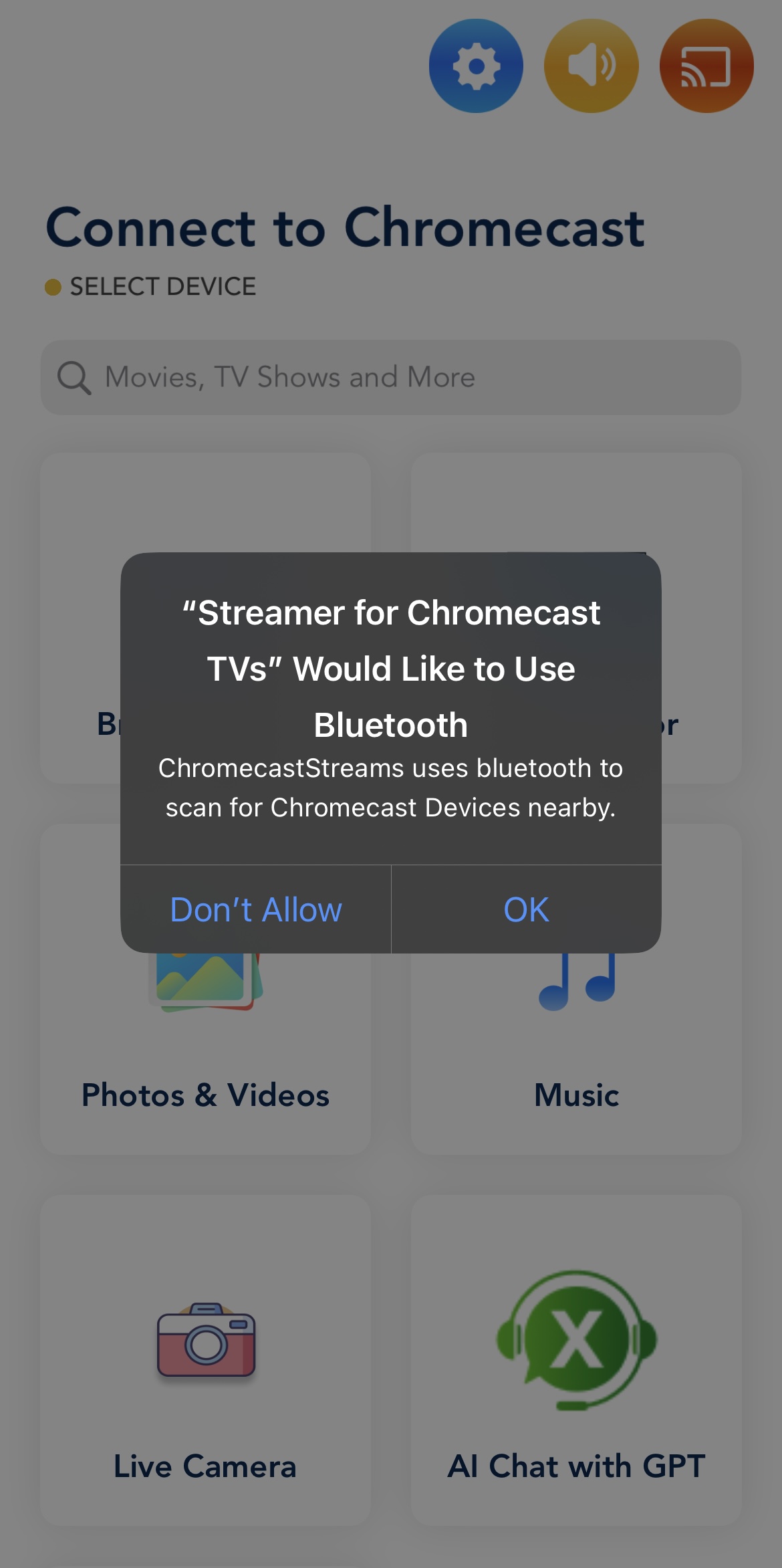 Giving Streamer for Chromecast TVs permission to use Bluetooth on iPhone