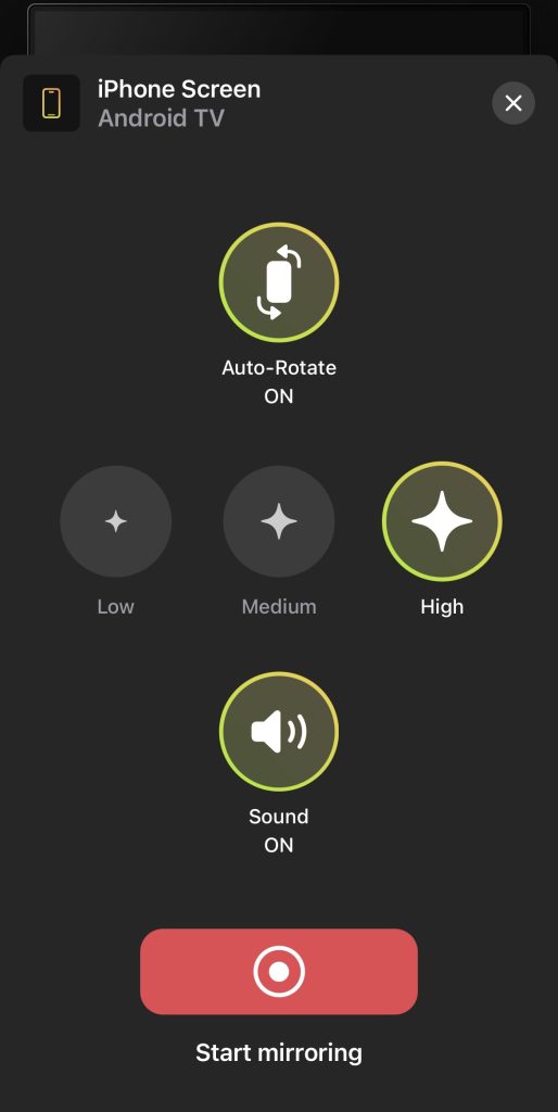 Screen mirroring configuration screen in DoCast