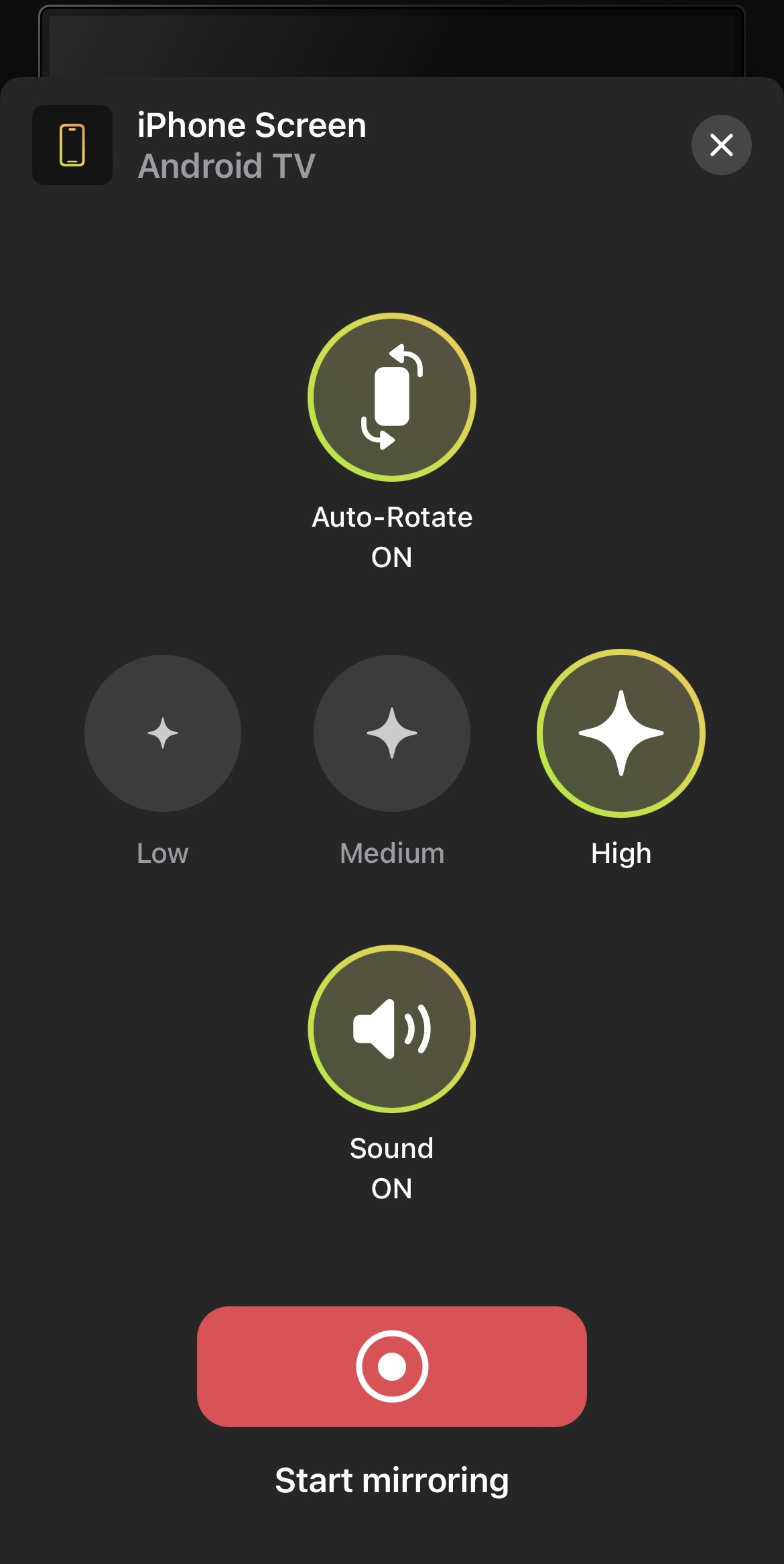 Screen mirroring configuration screen on the DoCast app