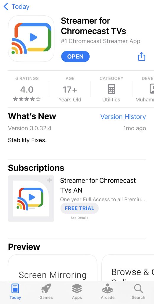 Downloading Streamer for Chromecast TVs app from the App Store