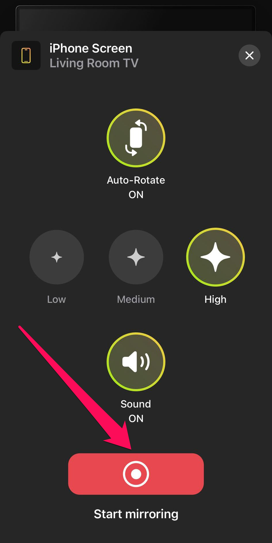 Tap on the Start mirroring button in DoCast